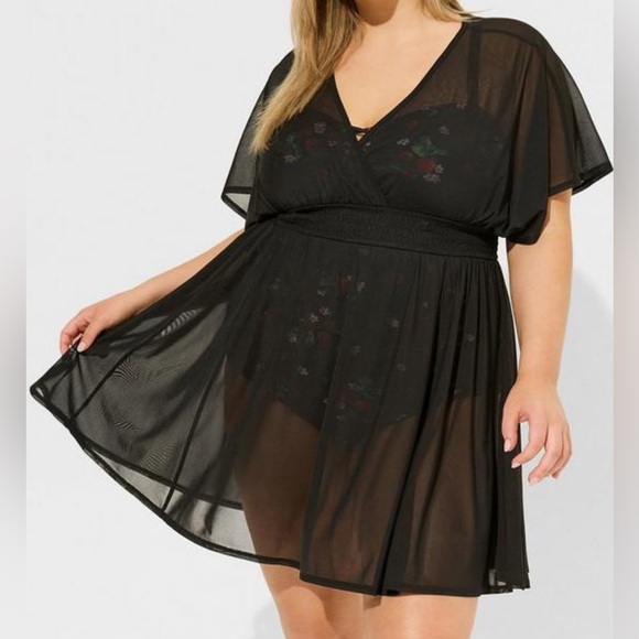 #408 - Torrid Mesh Smock Waist Cover Up Dress Sheer Sexy Lingerie Mini Nightgown - Picture 2 of 11